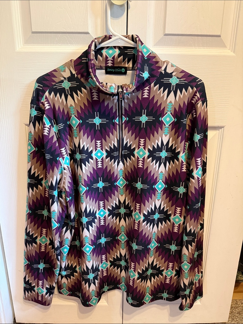 Long Sleeve Half-Zip Aztec Print Top in Purple and Teal
